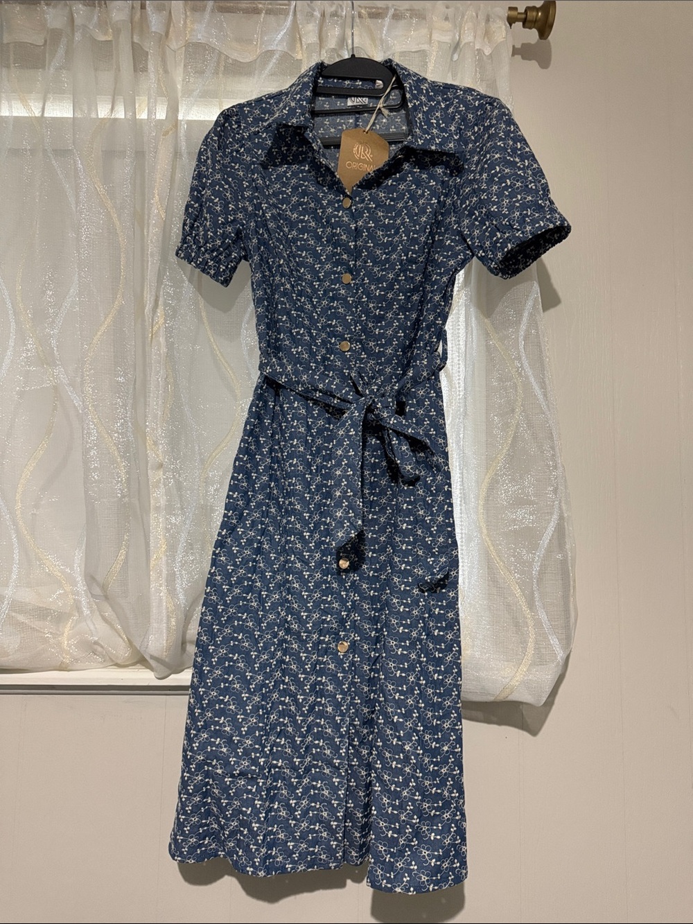Button-Front Navy Floral Midi Dress with Tie Waist